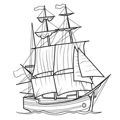 sketch of a sailboat, ship, coloring book, isolated object on a white background, vector illustration,