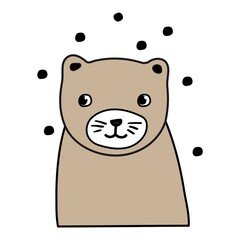 Brown bear with small eyes and a smile.