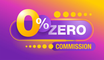 Zero percent commission banner - 0 on colorful abstract background - vector promo poster in purple neon decoration - obrazy, fototapety, plakaty