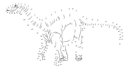 A connect or join dots to dot kids puzzle work sheet drawing of a dinosaur
