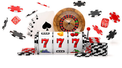 Casino concept background with slot machine, flying chips and dice, roulette wheel and Royal Flush hand combination. Concept for slot, poker, roulette and other casino games. 3D illustration