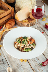 Rabbit roast creamy sauce new potatoes broccoli
