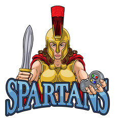 A Spartan or Trojan woman or gladiator female warrior gamer mascot with video games controller