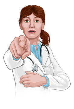 A woman doctor pointing in a your country needs or wants you gesture.