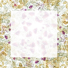 Floral background of wildflowers and leaves with a transparent white field for inscriptions, text, watercolor handmade