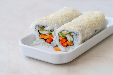 Healthy Veggie / Vegan Dragon Roll Sushi with Vegetables and Rice.