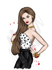 Stylish girl with long hair in a beautiful top and pants. Fashion clothes and accessories, fashion and style. Vector illustration.