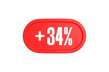 34 Percent increase 3d sign in red color isolated on white background, 3d illustration.