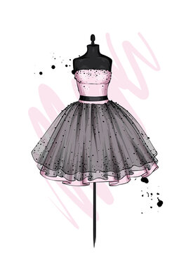 A beautiful dress with a lush skirt. Clothes on the mannequin. Vintage outfit for the girl. Vector illustration. Fashion, style, clothing and accessories.
