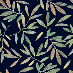 Seamless watercolor pattern. Leaves and twigs on a dark background