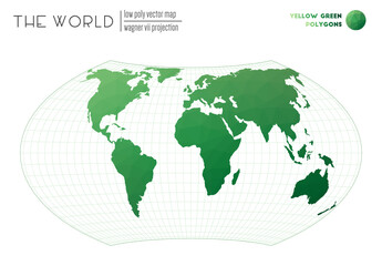 World map with vibrant triangles. Wagner VII projection of the world. Yellow Green colored polygons. Contemporary vector illustration.