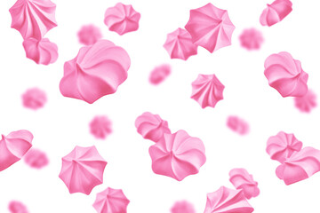 Naklejka premium Falling Pink meringue, zephyr, marshmallow, isolated on white background, selective focus