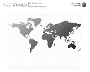 Polygonal world map. Miller cylindrical projection of the world. Grey Shades colored polygons. Awesome vector illustration.