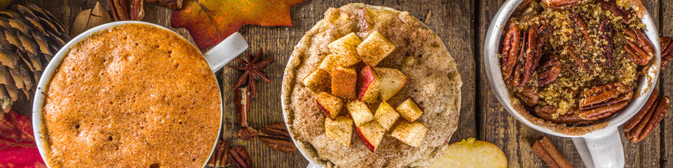 Fall and winter sweet dessert.  Traditional Autumn Cakes, Microwave Mug Pies -  Mug Pumpkin Pie, Apple Crumble Crisp Pie, Pecan Mug Cake