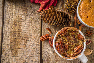 Fall and winter sweet dessert.  Traditional Autumn Cakes, Microwave Mug Pies -  Mug Pumpkin Pie, Apple Crumble Crisp Pie, Pecan Mug Cake