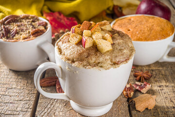Fall and winter sweet dessert.  Traditional Autumn Cakes, Microwave Mug Pies -  Mug Pumpkin Pie, Apple Crumble Crisp Pie, Pecan Mug Cake