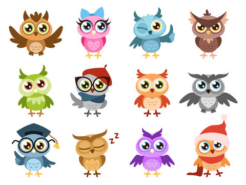 Cute owls. Colorful friendly owl, birthday kids shower stickers. Funny animal joyful forest birds, cuteness characters cartoon vector set