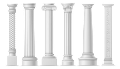 Antique white columns. Roman historical stone pillars, marble pillar ancient greece architecture, classic column art objects vector set