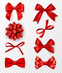 Decorative bows. Realistic red silk ribbons with bow festive decor satin rose, elements holiday packaging, elegant gift tape 3d vector set