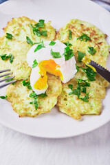 Zucchini pancakes poached egg