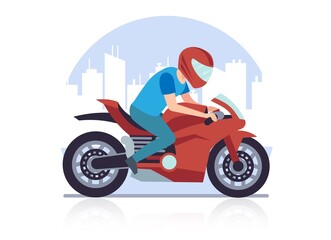 Fototapeta na wymiar Sports racing motorcycle. Racer against backdrop of cityscape rushes at high speed on red motorbike cartoon flat style illustration on white background