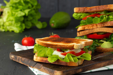 Healthy sandwich with vegetables on dark wooden background