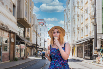 Beautiful girl discovers Istanbul city in Turkey