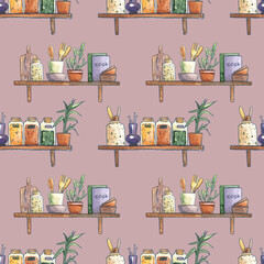 Shelf wall wooden life style jars spices kitchen interior design plant pot tableware watercolor pattern sepia seamless repeating