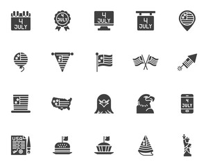 Independence day vector icons set, modern solid symbol collection, filled style pictogram pack. Signs, logo illustration. Set includes icons as USA flag, american statue of liberty, 4th july calendar