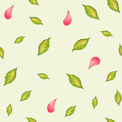 Watercolor seamless pattern. Leaves, petals on a light green background