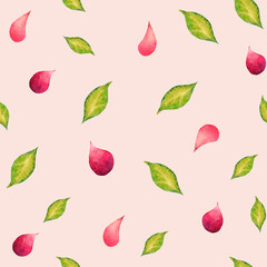 Watercolor seamless pattern. Leaves, petals on a pink background