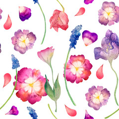 Watercolor seamless pattern. Leaves, petals, flowers, pansies on a white background