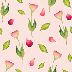 Watercolor seamless pattern. Leaves, rose petals, flowers on a pink background