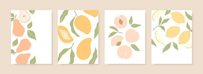 Stylish cover designs with summer fruits. Vector templates for postcards, print, posters, brochures, etc. Trendy hand drawn illustration. - 362558140