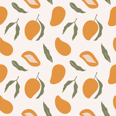 Trendy seamless pattern with mango. Abstract overlapping backdrop with hand drawn fruits. Vector illustration, good for printing.