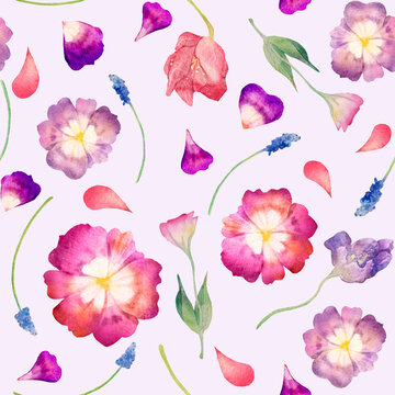 Watercolor seamless pattern. Pansies, flowers, leaves, petals, flowers on a pink background © Marina