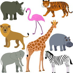 Wild animals: giraffe, hippo, rhino, flamingo, tiger, zebra, elephant and lion; set of wild animals