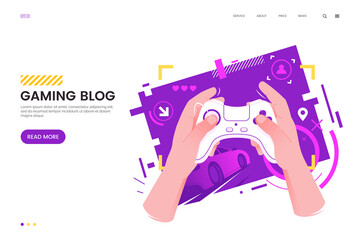 Gaming vector illustration. Hands holding gamepad on an abstract background with a video game interface. Flat style. Applicable for blog, news, cybersport matches. © alexandertrou