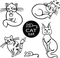 set of linear funny cats drawn by hand