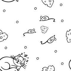 black and white background with hand drawn cat,mouse and cheese in the shape of a heart