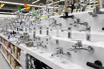 MINSK, BELARUS - April 01, 2020: plumbing shop with a large selection of home goods