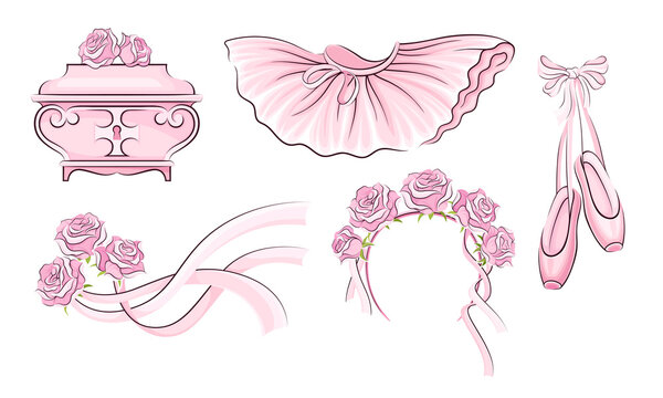 Ballet Accessories with Tutu Skirt and Pair of Pointe-shoes Vector Set