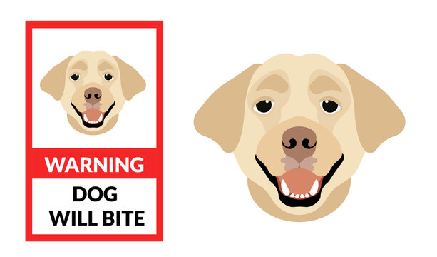 Warning beware of dog, dog will bite do not enter. Labrador retriever vector dog icon.