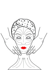 Beautiful young woman gets a facial massage. Banner. Graphic illustration. Visual aid with lines on the face for self-massage. Spa. Advertising. Painting brush

