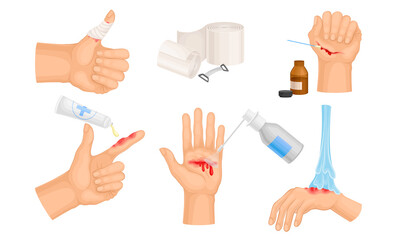 Hands with Injured Skin and Procedures of Bandaging and Wound Cleaning Vector Set