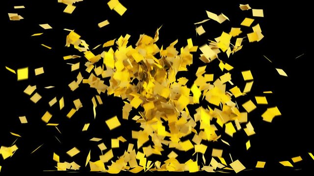 Yellow stickers fall down on a floor. Flying note papers. Alpha channel is included.