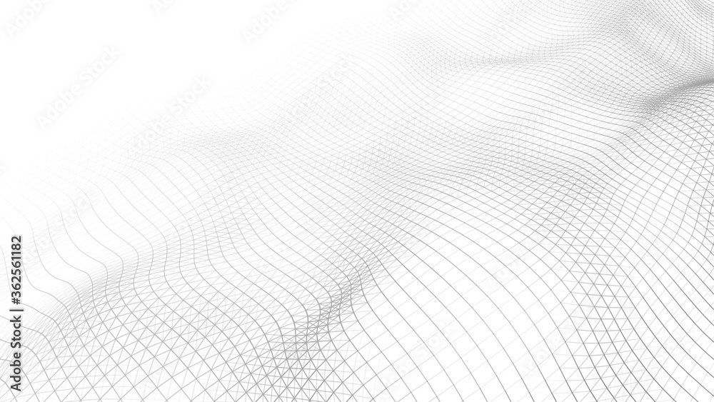 Poster Low poly shape with connecting black dots and lines on light background.Abstract polygonal white space background . Dynamic particles wave.Big data visualization 3D. Digital landscape.
