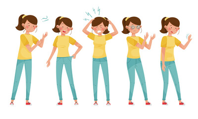 Fototapeta premium Female Character with Symptoms of Diabetes Vector Illustrations Set