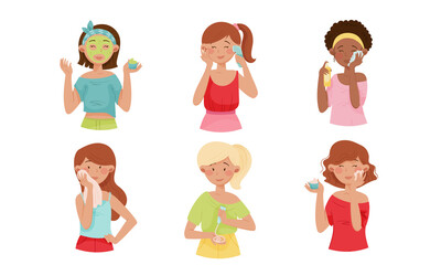 Young Girls Applying Cosmetic Cream, Oil and Facial Mask Vector Illustrations Set