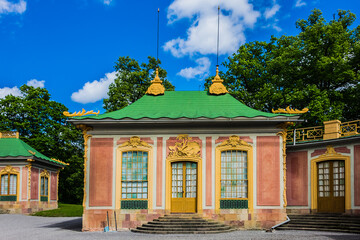 External view of fragments of Chinese Pavilion (Chinaslott, 1753) in the grounds of Public Park near Drottningholm Palace in Stockholm, Sweden. Drottningholm Palace is a UNESCO World Heritage site.